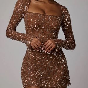 Oh Polly Zeta Sheer embellished long sleeve A-line Mini dress in Mocha